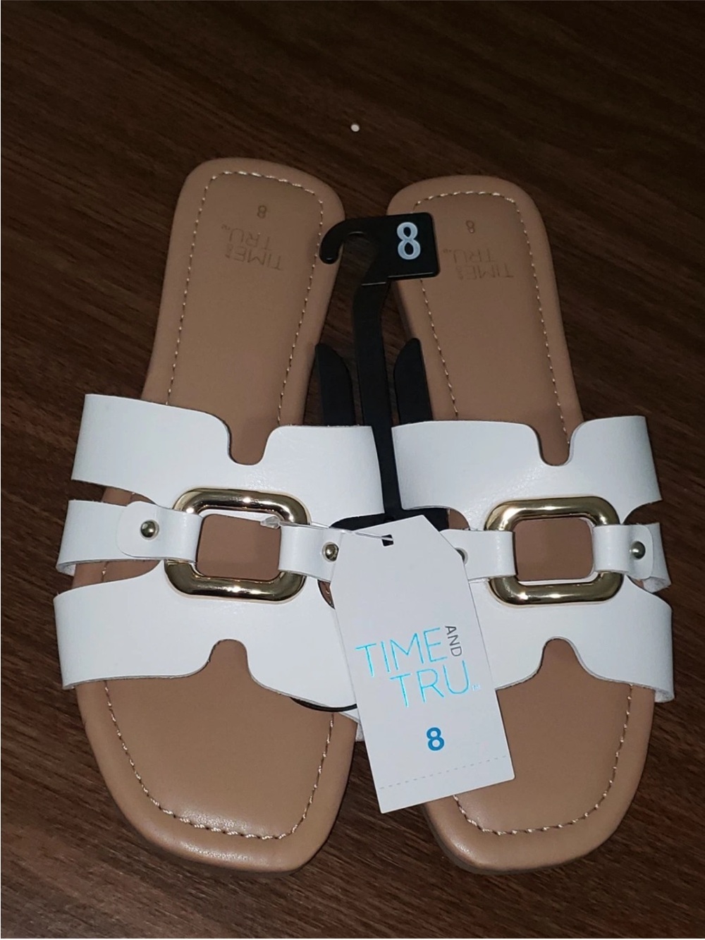 Time and Tru White Slide Sandals with Gold Buckle Accent